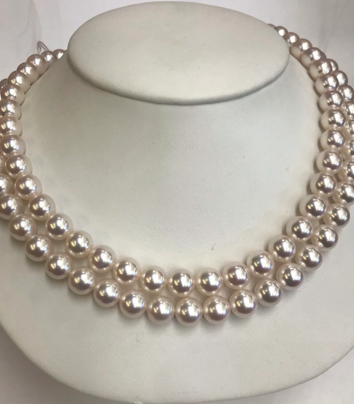 8mm AAA Gem Quality Akoya Pearls High Luster Great Color Untarnished 17" and 18" Two Strands 2, 14k Gold Clasps