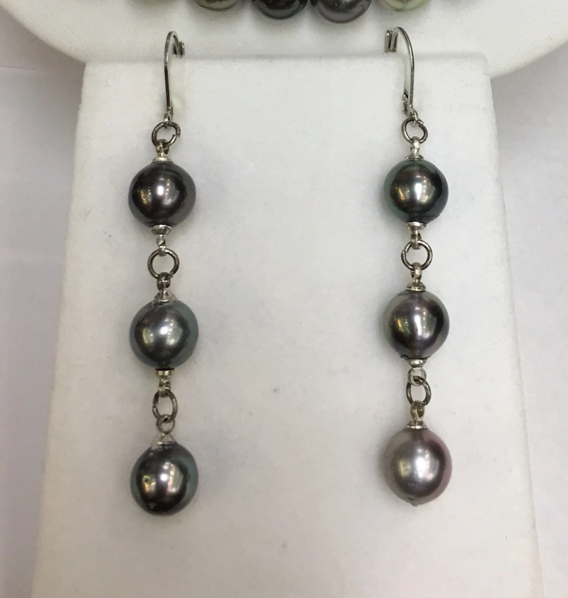 Tahitian South Sea Pearls Multi Color 9x10mm 14k Gold Clasp Great Luster Matching 3 Pearl Drop Earrings