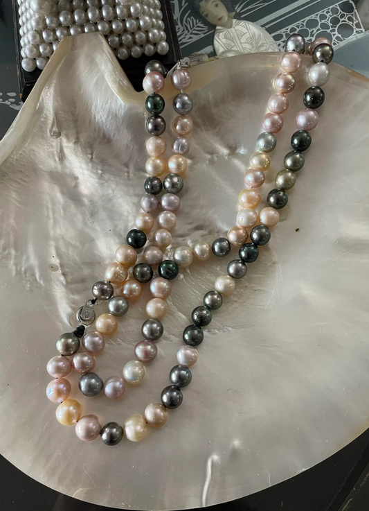 Multi Color Cultured Tahitian South Sea and Chinese Freshwater Pearls 19" and 20" 14k Gold Clasp High Luster Great Colors