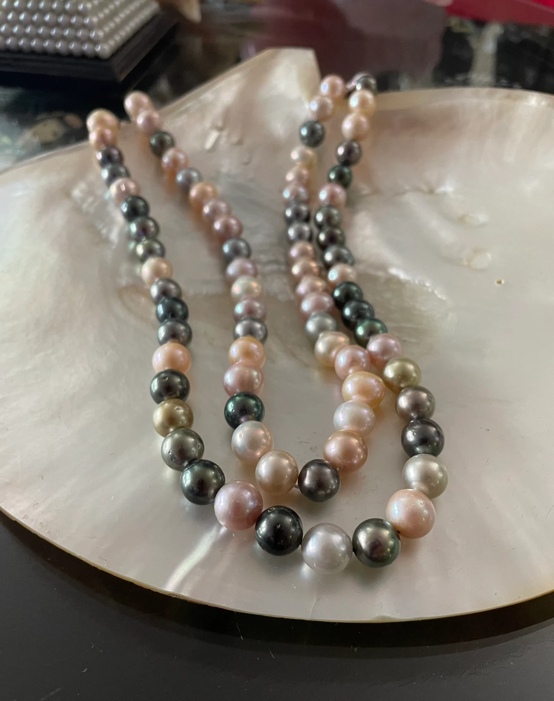 Multi Color Cultured Tahitian South Sea and Chinese Freshwater Pearls 19" and 20" 14k Gold Clasp High Luster Great Colors