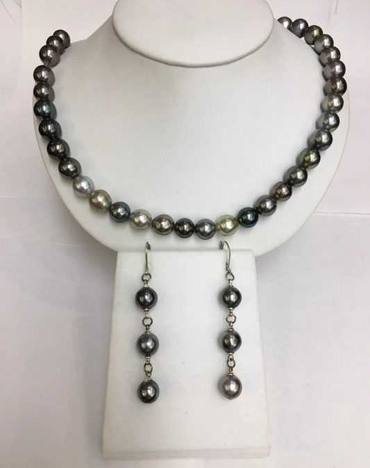 Tahitian South Sea Pearls Multi Color 9x10mm 14k Gold Clasp Great Luster Matching 3 Pearl Drop Earrings