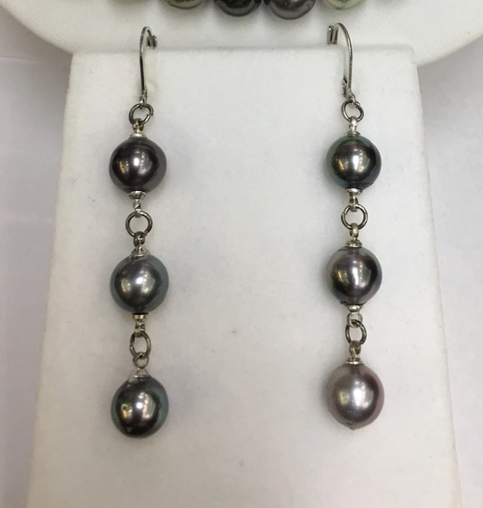 Tahitian South Sea Pearls Multi Color 9x10mm 14k Gold Clasp Great Luster Matching 3 Pearl Drop Earrings