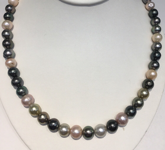 Multi Color Cultured Tahitian South Sea and Chinese Freshwater Pearls 20" 14k Gold Clasp High Luster Great Colors