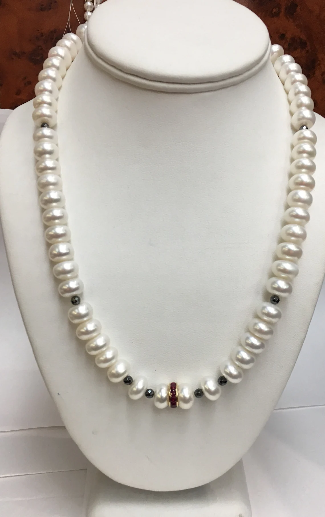 18k Yellow Gold & Ruby Center 10.5mm Button Shape Freshwater Cultured Pearls 20" with Faceted Hematite