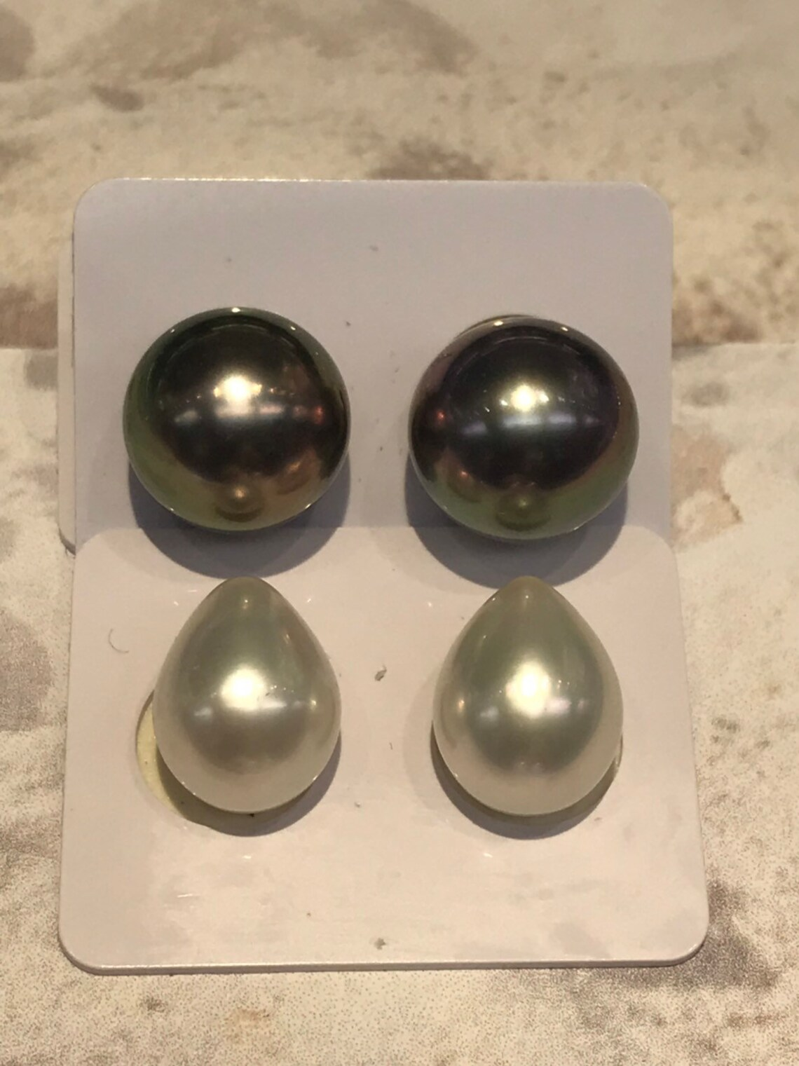 South Sea Pearl Earrings 14.4mm round pearls on top 14.9x11.8mm drop shape pearls