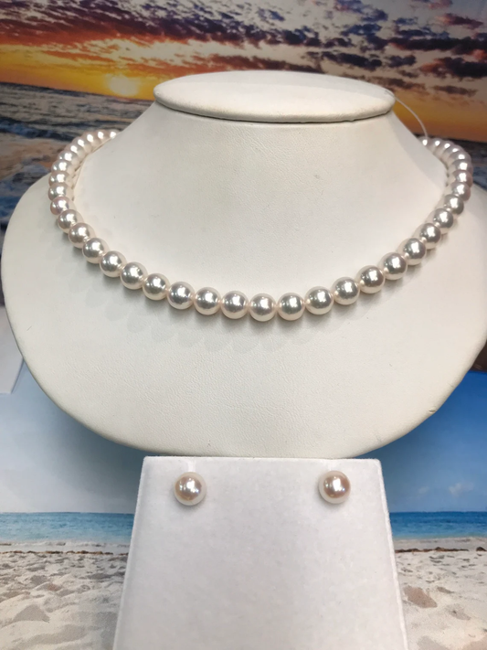 7mm. Akoya Cultured Pearl Necklace. 17". Very high polish. Great color. Perfect matches 14k gold ball clasp