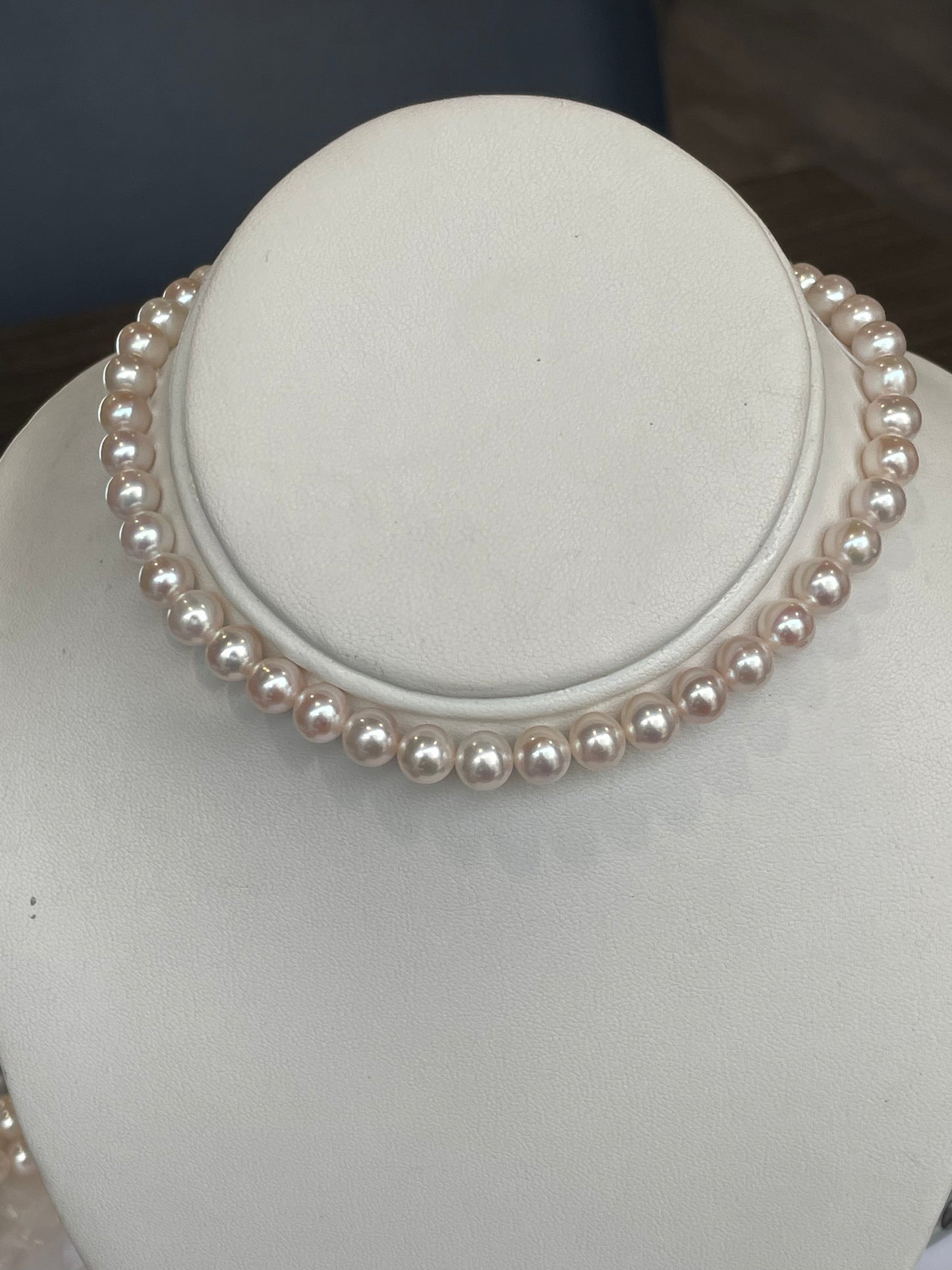 Cultured Pearls 7.5mm. 17 inches with a Gold Ball Clasp