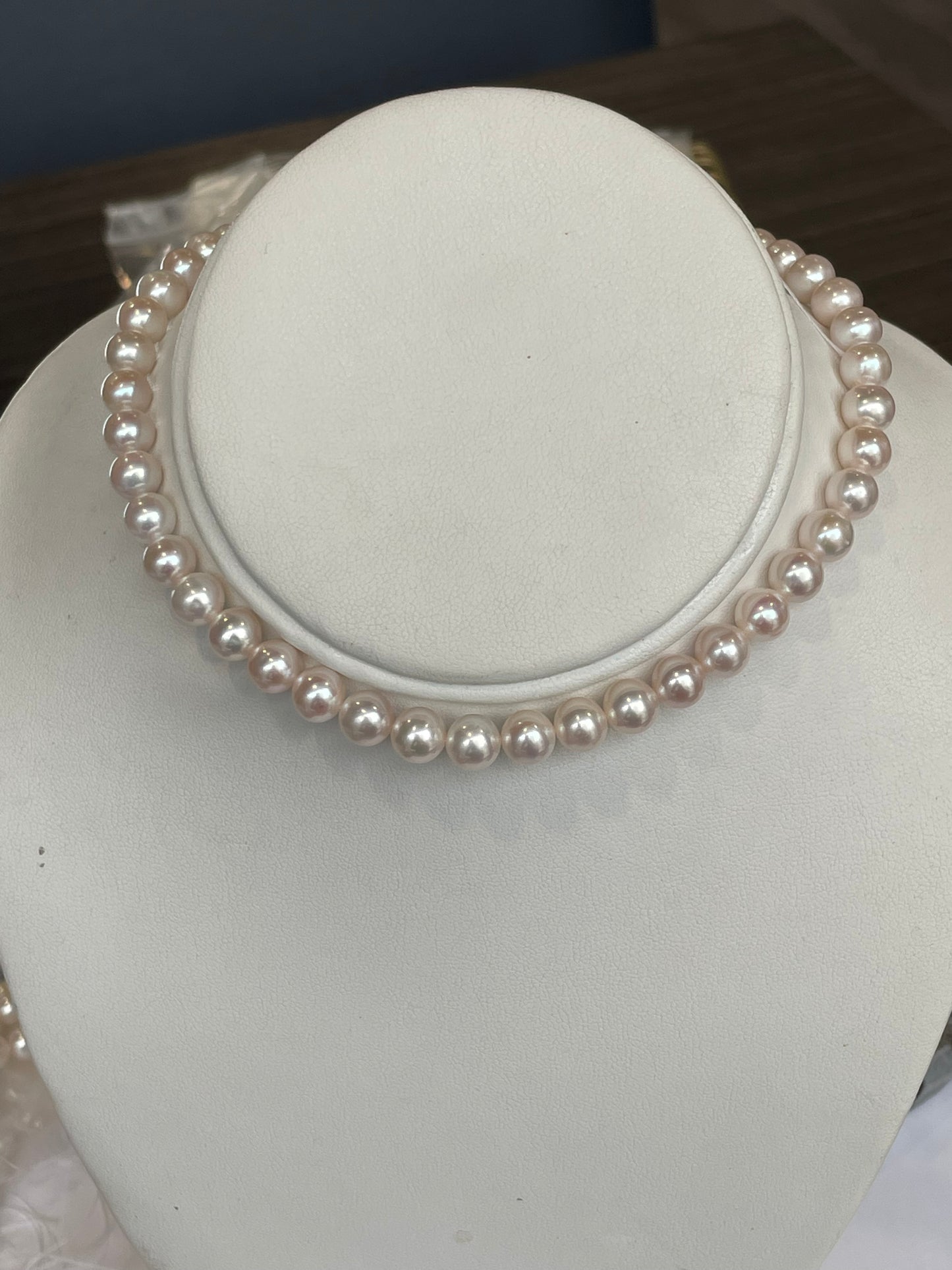 Cultured Pearls 7.5mm. 17 inches with a Gold Ball Clasp